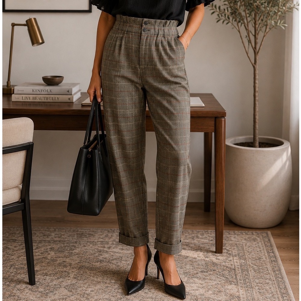 Madewell Paperbag Waist Pants Brown Herringbone Windowpane Tapered Plaid Size 00